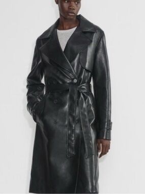 Aritzia Black Faux Leather Belted Trench